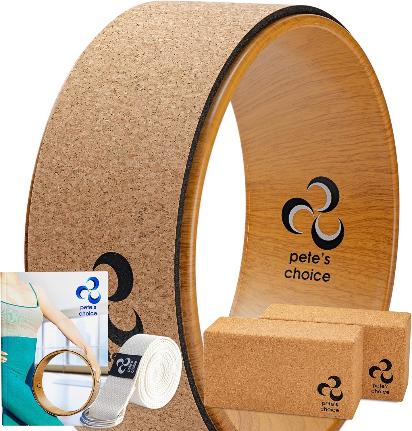 Deluxe Cork Yoga Wheel Set – Back Roller, 2 Cork Blocks & Strap | Natural Cork Back Roller with Extra-Firm Blocks & Exercise Guide – Eco-Friendly Support for Deeper Stretches