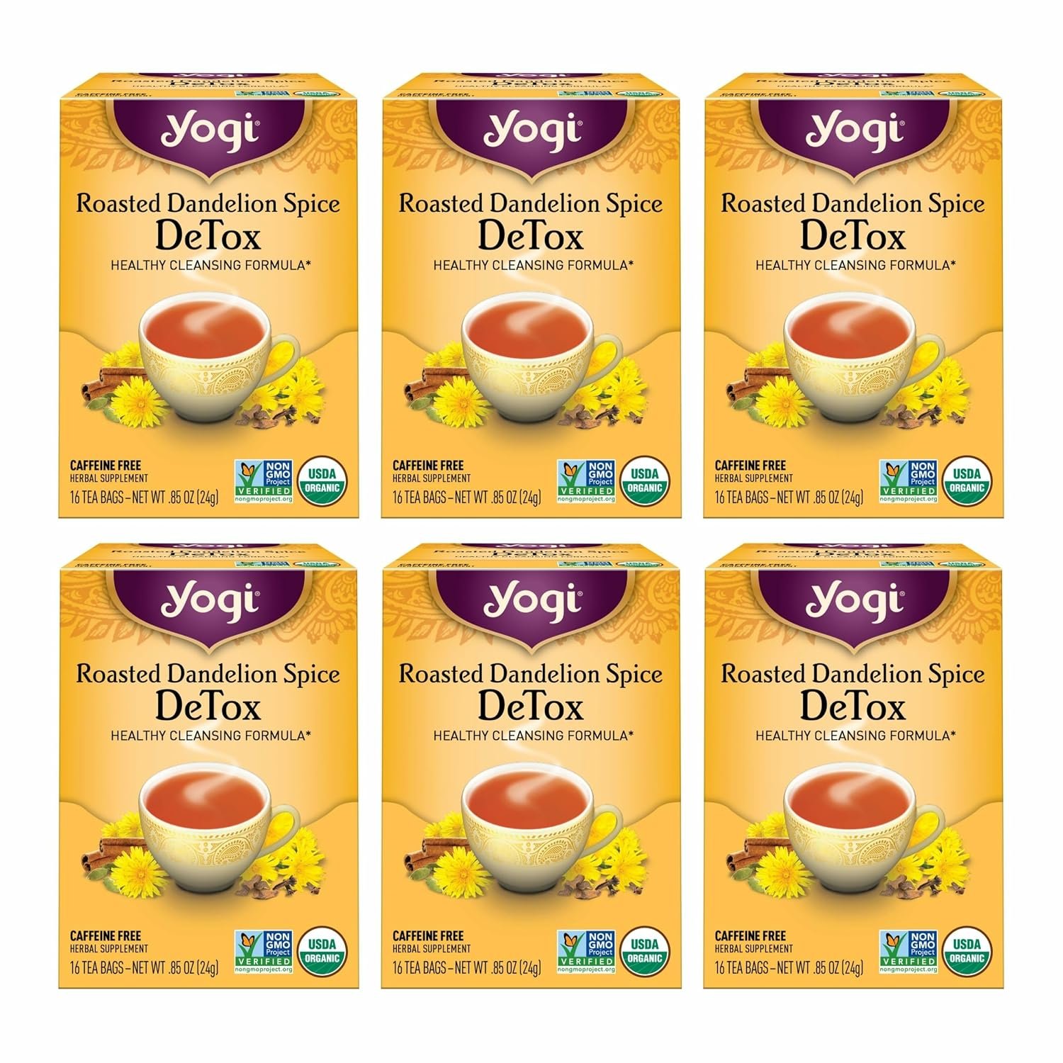 Yogi Tea – Roasted Dandelion Spice DeTox (6 Pack) – Healthy Cleansing Formula – 96 Tea Bags | Organic DeTox Blend with Roasted Dandelion Root, Dandelion Root, Cinnamon Bark and Cocoa Shell for Cleansing