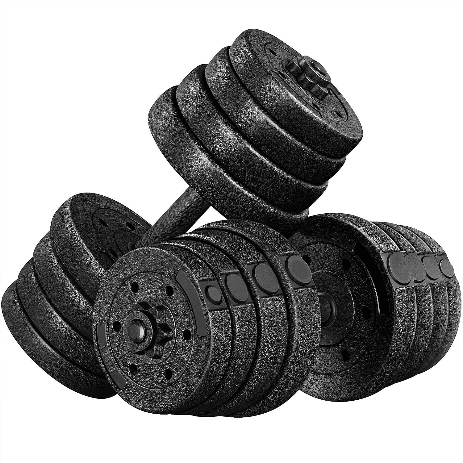 Yaheetech Adjustable Dumbbell Set Free Weights with Spinlock Collars, Black | Concrete-filled plastic plates, iron bar, non-slip grip; strong durability, easy weight adjustments for home gym beginners