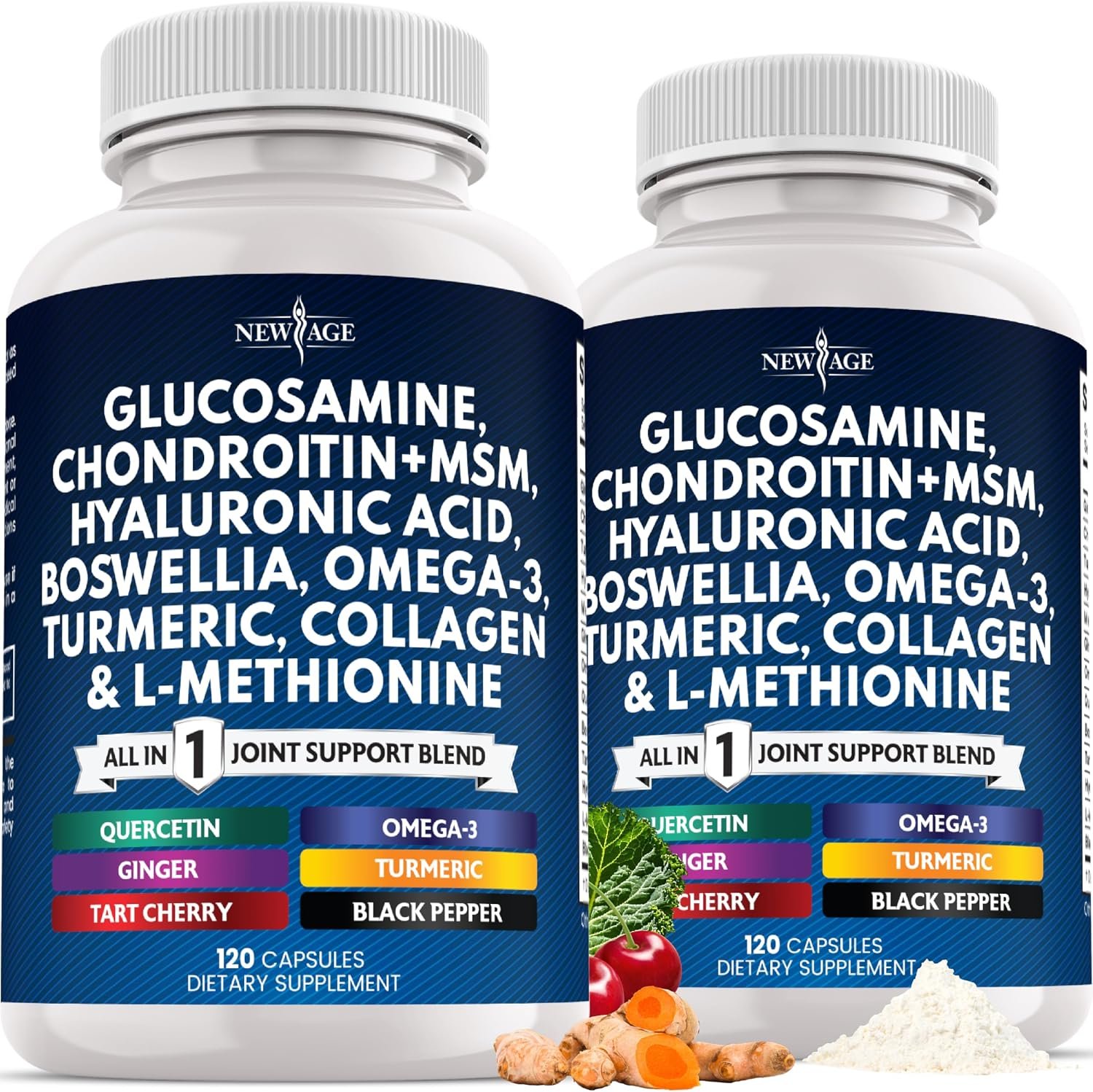 NEW AGE Glucosamine Chondroitin, MSM, Turmeric Curcumin, Collagen, Hyaluronic Acid, Omega 3 – Health Supplement for Men & Women – 240 Count