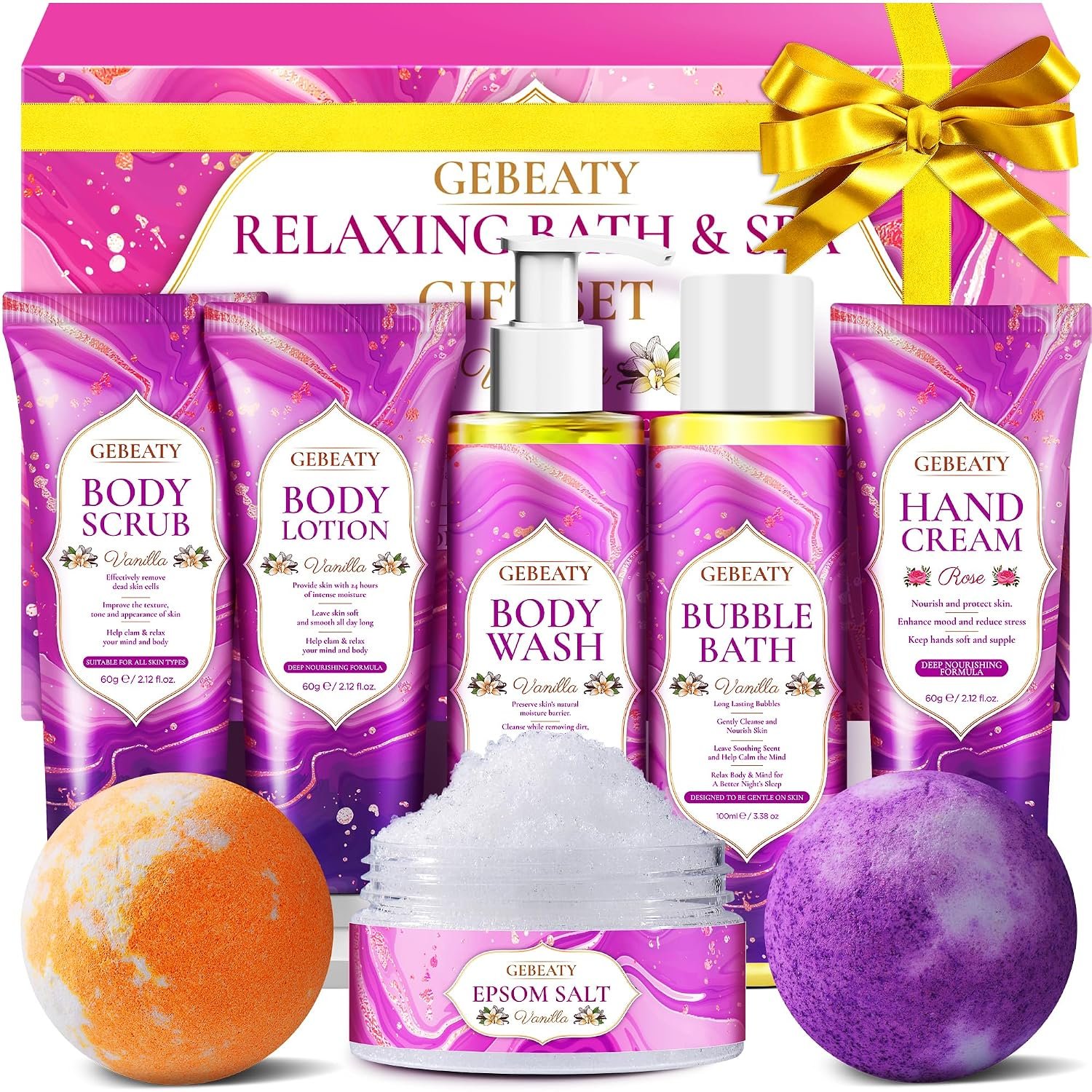 GEBEATY Bath Sets for Women Gift, Stress Relief Spa Self Care Gift Basket | Christmas & Birthday Gifts for Mom, Wife & Friends,Spa Set with Vanilla Bubble Bath & Body Wash, Relaxing Spa Day at Home