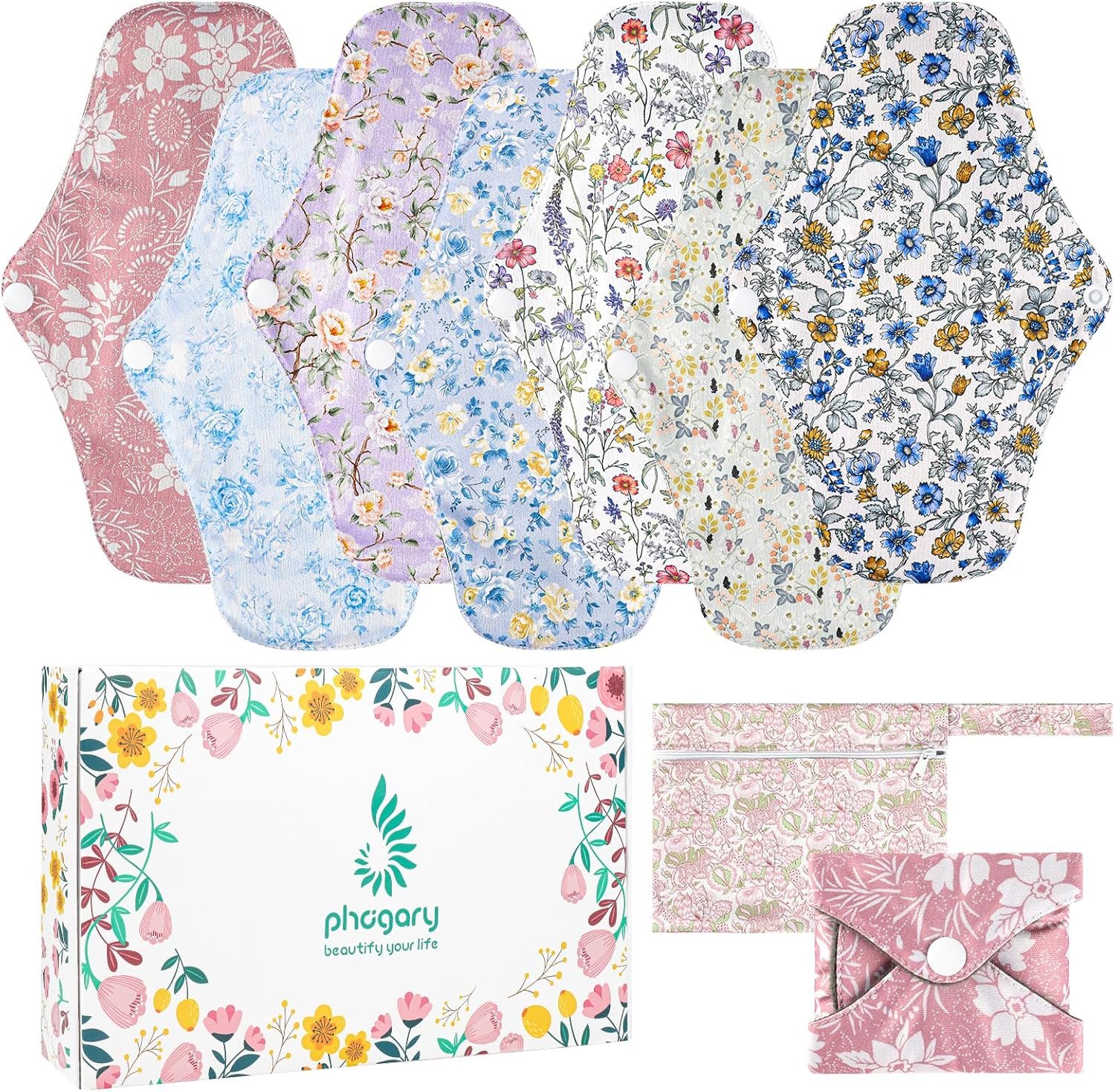 PHOGARY 7 Pcs Reusable Menstrual Pads, Reusable Sanitary Pads for Women, Washable Overnight Cloth Menstrual Pad Heavy Flow with Wet Bag