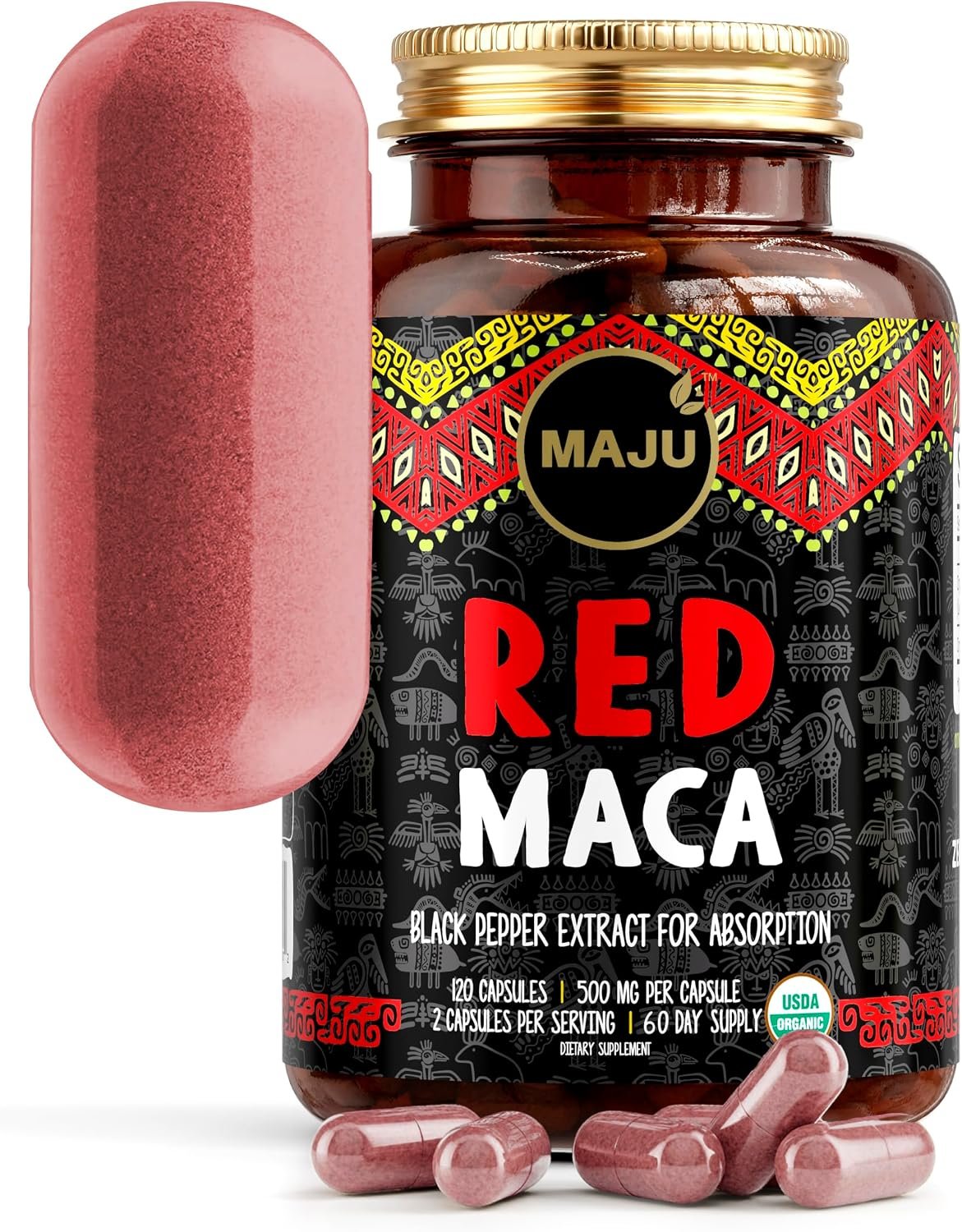 Maju Superfoods Organic Red Maca Root Capsules 120ct – Women Focused Curve Enhancement Nutrition Booster Pills, Gain for Thighs, Powder in Pill Supplement