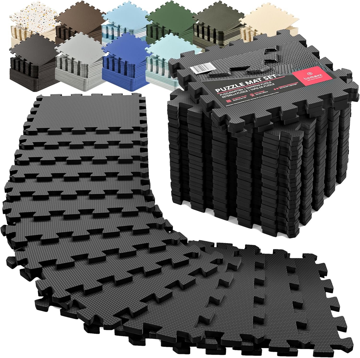 bemaxx Gym Mats Set – EVA Interlocking Foam Floor Tiles (12.6″x12.6″x0.4″) Protective Gym Flooring Sports Home Workout Exercise Mats Puzzle Garage Fitness Play-Room Pool Treadmill Bike, 18 pcs, 18sqft